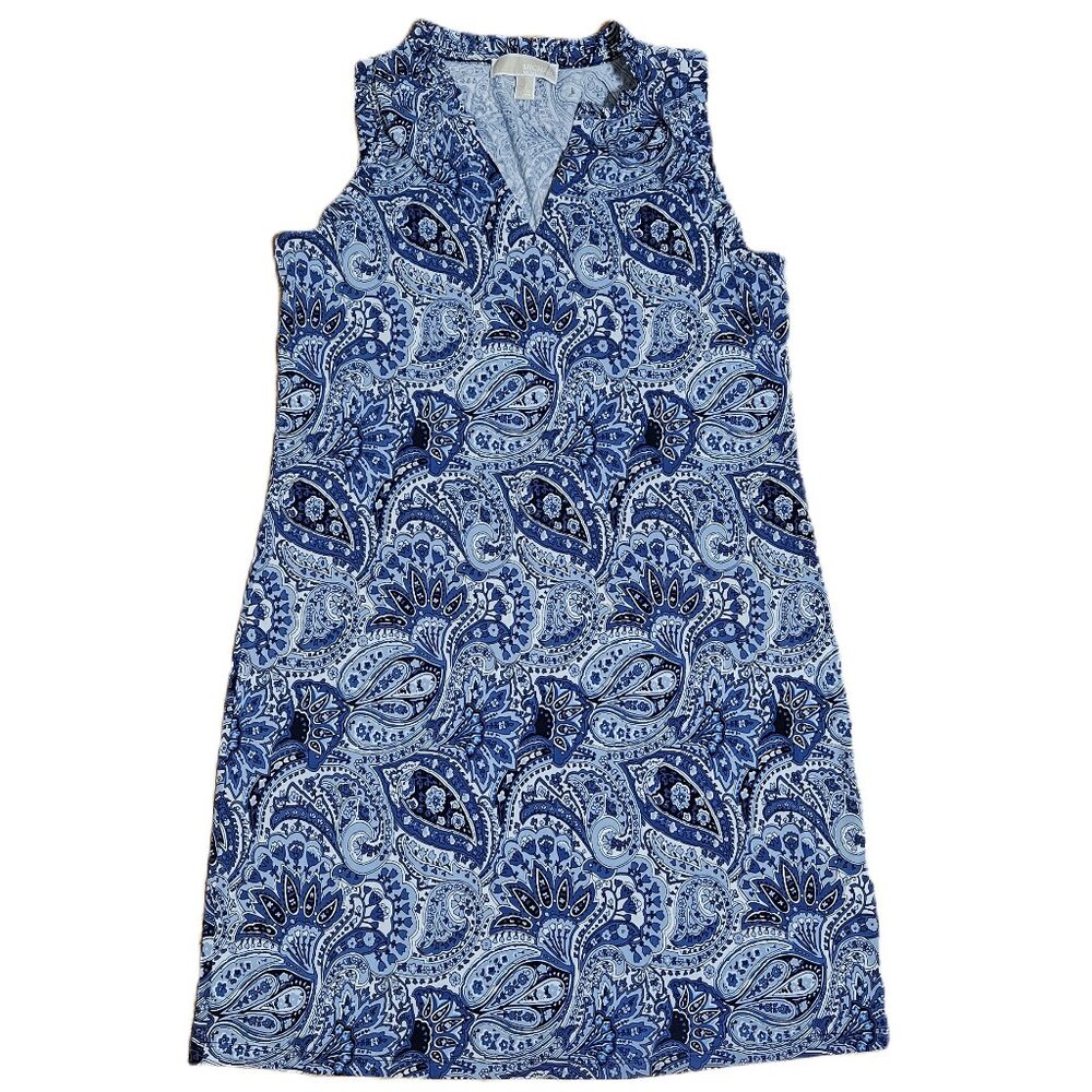MICHAEL Michael Kors Sleeveless V Neck Paisley Dress Ruffle Collar Stretch